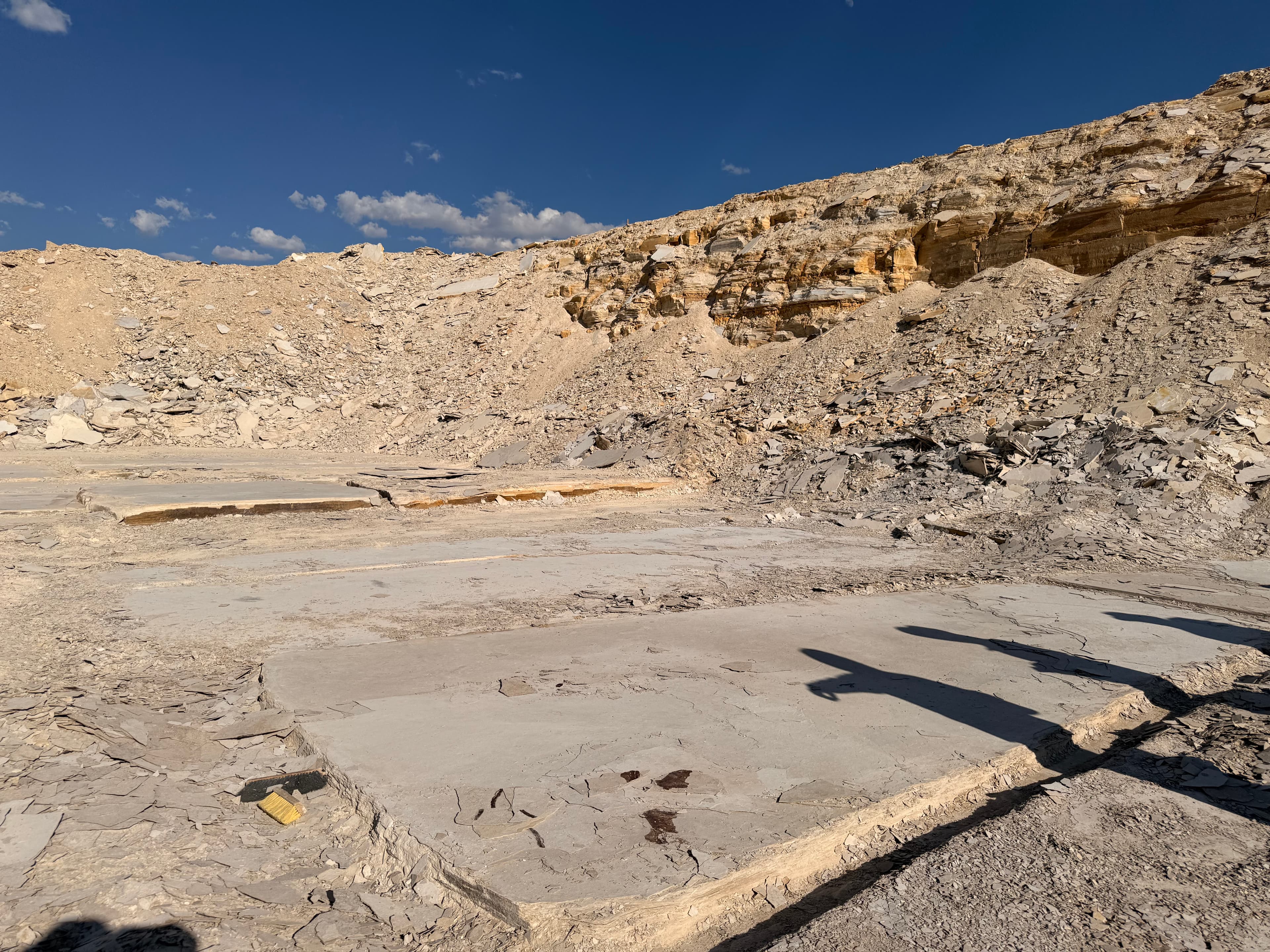 Flat, layered rock surfaces with shadows and a brush.