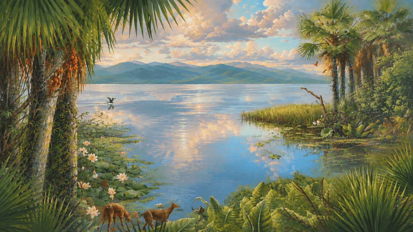 Lush prehistoric lake landscape at Fossil Butte with palms, water lilies, and distant mountains